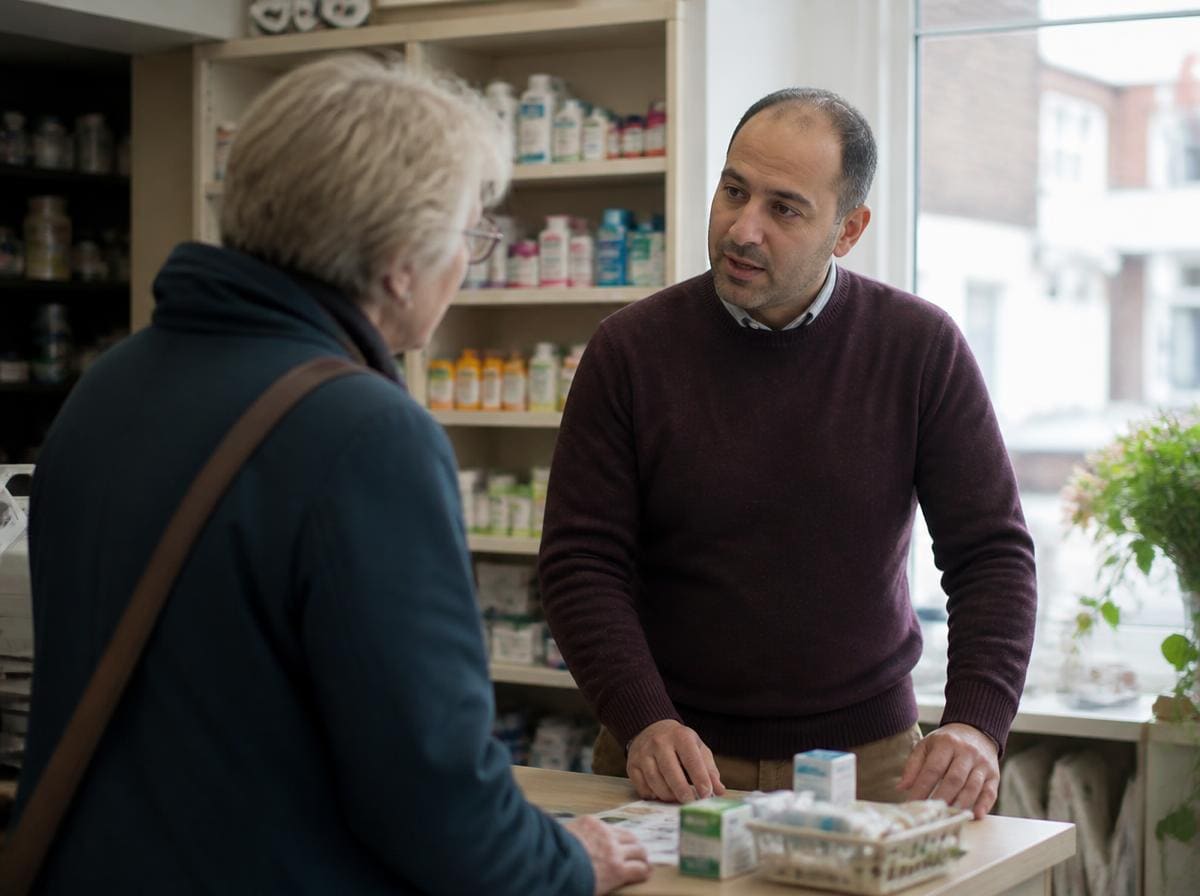 A pharmacist speaking with a customer